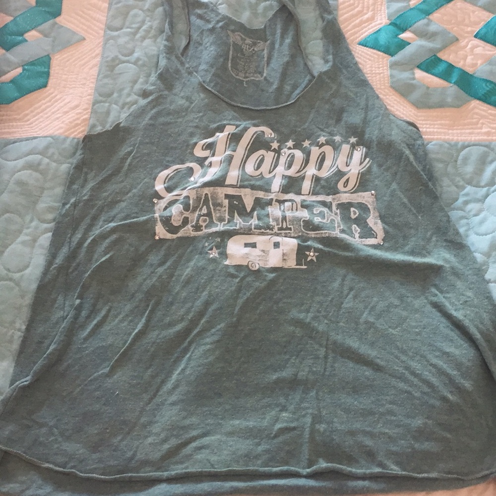 Large green/white happy camper tank top